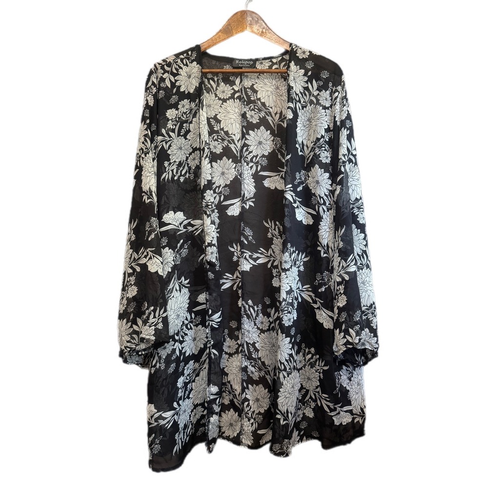 Relipop Floral Kimono Women XL Black White Excellent Sheer Chiffon Cardigan